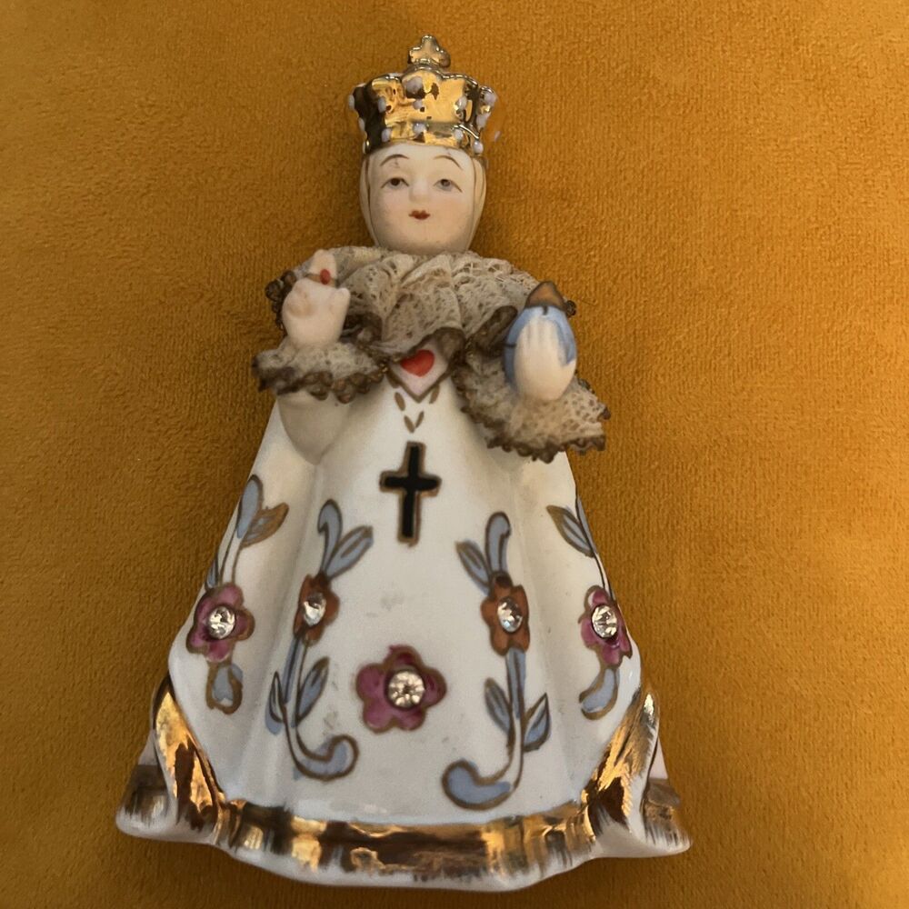 Vintage Lefton Infant of Prague figurine 4 1/2" rhinestones lace gold trim